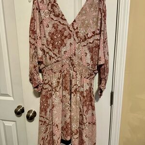 New York & Company Pink and Brown Long Sleeve Dress